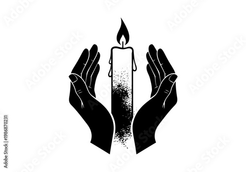 Silhouette of Human Hands Cupping a Burning Candle, Symbolic Icon for Hope, Faith, Peace, and Spirituality