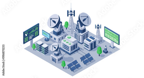 Modern Communication Technology Hub with Satellite Dishes and Solar Panels.