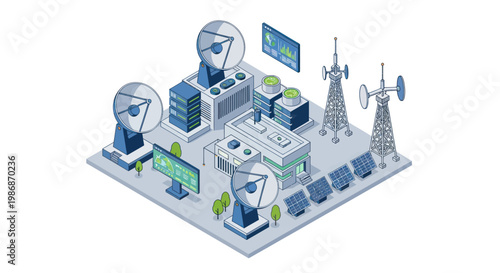 Modern Communication Technology Hub with Satellite Dishes and Antennas.