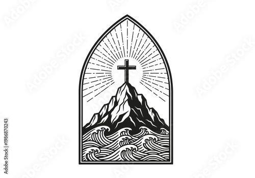 Christian Cross on Mountain Peak with Ocean Waves in Gothic Arch Frame - Minimalist Religious Linocut Illustration