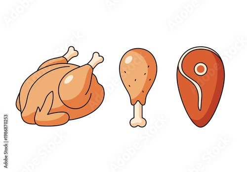 Flat Vector Illustration Set of Roasted Whole Chicken, Drumstick, and Meat Cut Isolated on White Background