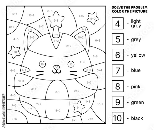 Black and white cat. Solve the problem, color the picture. Addition, Subtraction. Coloring book. Kawaii, cartoon, vector. Isolated vector illustration eps 10
