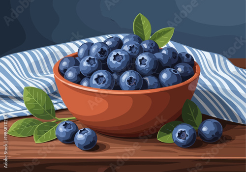 Fresh Ripe Blueberries in a Bowl on a Wooden Table with Striped Napkin - Digital Vector Illustration of Summer Superfood