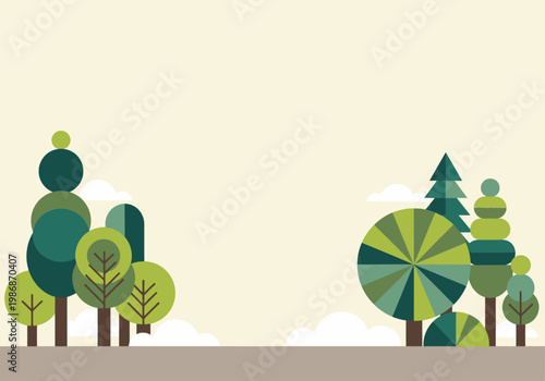Minimalist Geometric Forest Illustration with Flat Design Green Trees and Ample Copy Space