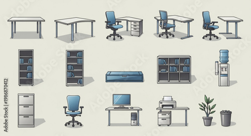 Collection of modern office furniture and equipment icons.