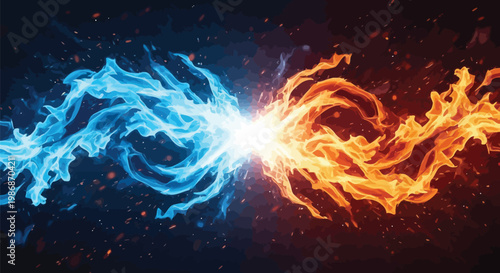 Fire and ice collision, blue and orange flames