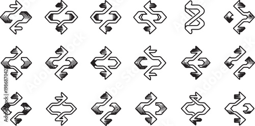 Abstract arrows with twisted and geometric shapes, interconnected lines forming unique directional symbols on transparent background.
