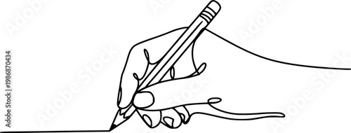 Single line of a hand holding a pencil writing white background
