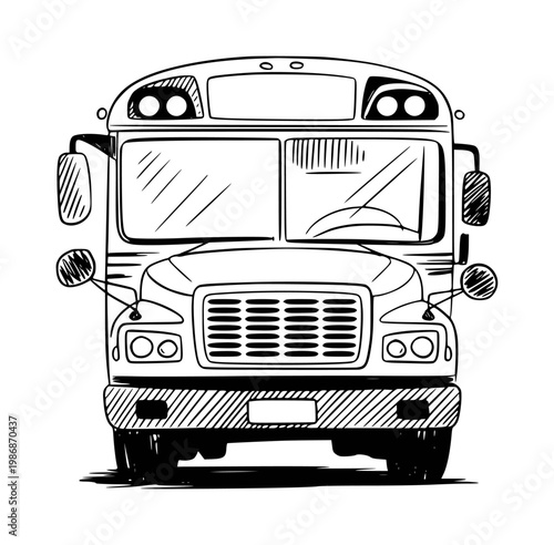 Hand drawn yellow school bus front view isolated white background transportation