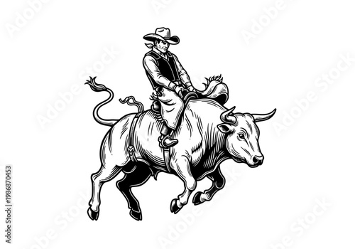 Vintage Woodcut Illustration of a Cowboy Riding a Bucking Bull in a Rodeo Competition