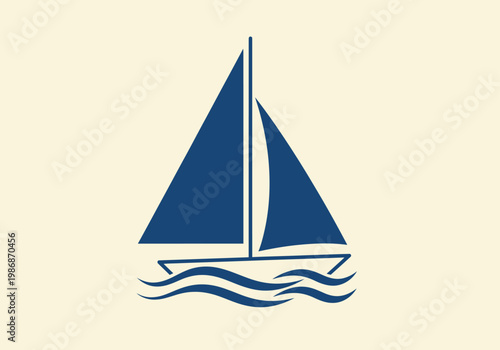 Minimalist Blue Sailboat Icon on Waves - Flat Vector Illustration for Nautical Branding, Travel and Maritime Design