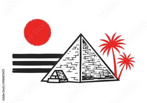 Minimalist Egyptian Pyramid Illustration with Red Sun and Palm Trees - Stylized Vector Graphic for Travel and History Themes