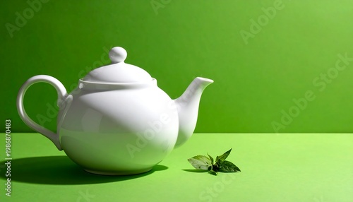 A white teapot with a small leaf on a green surface