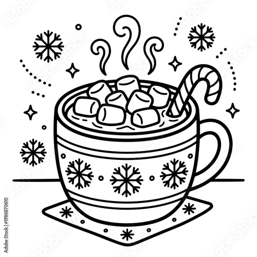 Hot chocolate with marshmallows and candy cane in festive mug  coloring pages