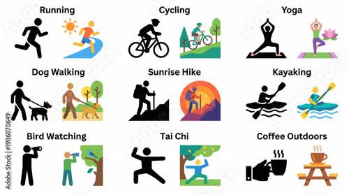 Diverse outdoor recreational activities and healthy lifestyle depicted through stylized icons