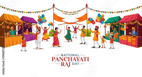 Illustrative vector art for National Panchayati Raj Day depicts a vibrant village scene, showcasing community members celebrating local governance, designed with colorful traditional
