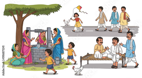 A colorful vector illustration depicts village life in India, showing women drawing water from a well beneath a tree, children playing with a kite, and men gathered on a cot in a scene