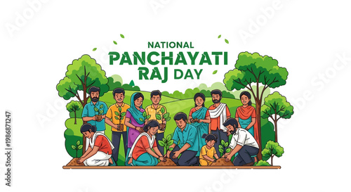 On National Panchayati Raj Day, a vector illustration depicts a group of Indian villagers planting saplings, symbolizing rural development and grassroots democracy in a colorful