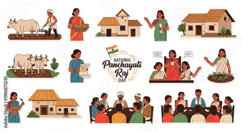 A vibrant vector illustration highlights National Panchayati Raj Day, showcasing India's local governance with images of rural life, council meetings, and decentralized administration