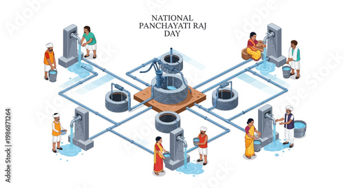 Overhead vector illustration depicting National Panchayati Raj Day with figures drawing water from wells connected by pipes, symbolizing the Indian local government's decentralized
