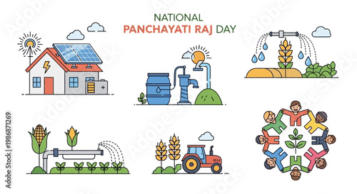 Illustrated vector design celebrating National Panchayati Raj Day in India, showcasing themes of rural development and local governance, featuring a house with solar panels, water pump