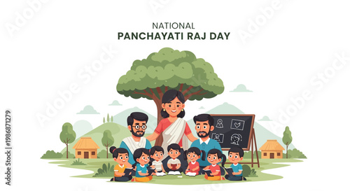 An illustration commemorating National Panchayati Raj Day showcases a group of villagers and children gathered beneath a tree near huts, with a blackboard displaying educational symbols