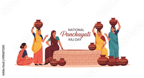On National Panchayati Raj Day, a vector illustration depicts Indian women in traditional clothing gathered around a well, some carrying water pots, against a clean white background