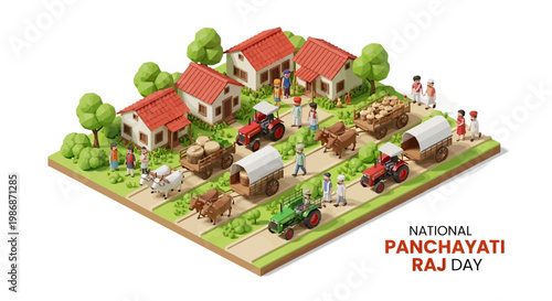 Isometric illustration depicting National Panchayati Raj Day with villagers working in fields alongside tractors and bullock carts, set against a clean white background conveying a concept