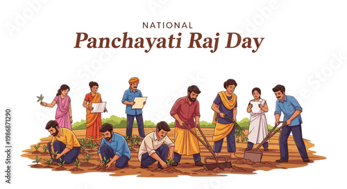 Illustrated vector art depicts National Panchayati Raj Day, showcasing a rural community engaging in farming and administrative activities on a sunny day, with local governance and rural
