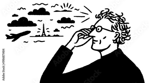 Man viewing the Eiffel Tower and airplane against clouds. Simple black and white vector illustration depicting travel and perspective.