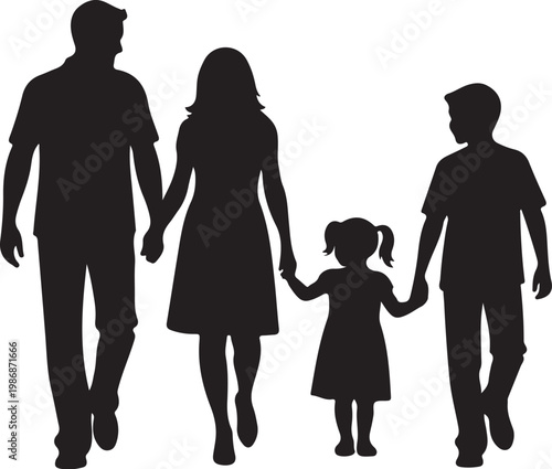 Black family silhouettes, walking together, holding hands, parent and children, vector icons