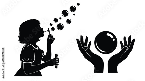 Child blowing bubbles with hands reaching up a striking silhouette