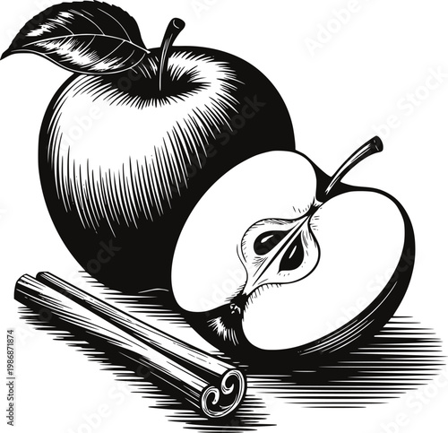 Black and white engraving style apple half and whole apple with cinnamon stick fruit