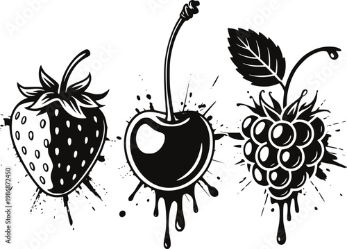 Black and white stylized strawberry, cherry, and raspberry with splatter effect fruit