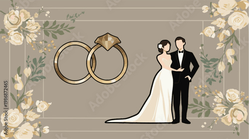 Wedding rings and couple floral frame
Luxurious wedding invitation template featuring large golden rings with a diamond, a bride and groom illustration, and lush cream roses on a warm ta