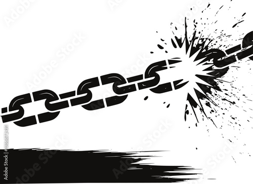 Black chain links breaking apart with explosive splatter effect white background