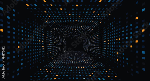 Futuristic digital tunnel, glowing data grid