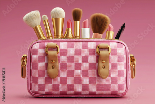 Pink checkered gingham luxury toiletry makeup bag overflowing with brushes lipstick and mascara on a soft pink background 3d.