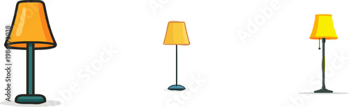 A sleek modern floor lamp with a wide yellow light cone stands on a teal base against a white background, exuding contemporary elegance