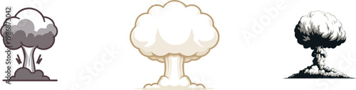A minimalist vector illustration depicts a large mushroom cloud explosion in flat 2D style with shades of grey and white, isolated on a clean white background