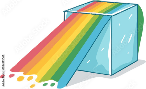 A clear glass prism refracts a single beam into a vibrant rainbow spectrum, creating a minimalist 2D illustration with muted colors and clean geometric lines