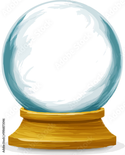 A pristine crystal ball on a minimalist wooden stand, surrounded by swirling white mist, exudes an aura of mystery and enchantment
