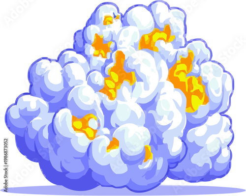 A vibrant explosion of popcorn kernels in fluffy white and bright yellow hues erupts centrally against a minimalist, solid-colored backdrop