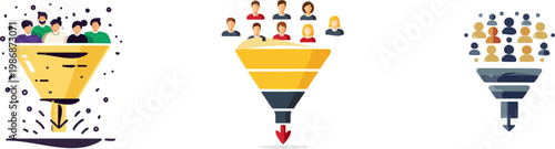 A clean, flat vector illustration of a marketing funnel with generic audience icons entering it, depicted in muted yellow and navy blue tones