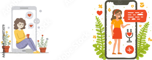 A woman sits inside a smartphone frame, surrounded by potted plants, engaging in live streaming with heart and comment icons floating above her head