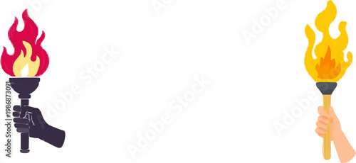 A hand delicately holds a minimalist flat vector torch with an amber and yellow flame, set against a charcoal grey holder, exuding a sense of simplicity and elegance