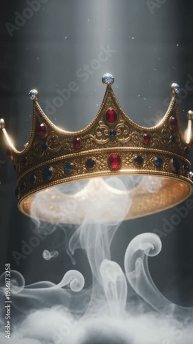Golden crown emerging from swirling mist light beam