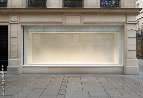 Empty illuminated luxury retail shop window display mockup on elegant classical european stone facade street.