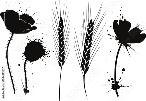Black silhouette poppies and wheat ears with splatter effect white background poppy