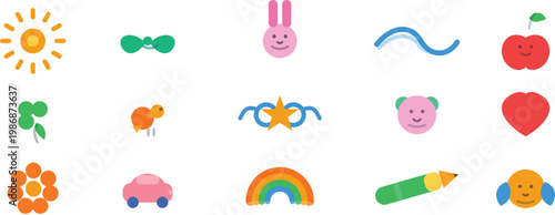 Cute Cartoon Icons Sun Apple Heart Rainbow Car Rabbit Pencil Vector